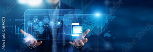 Mobile wallets developer holding in hands smartphone mockups. Fintech specialist using virtual screen tracking contactless transaction tokens and digital payment ledgers. Smart finance.