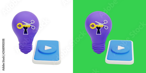 3D Illustration Of A Purple Lightbulb Featuring A Keyhole Scissors And Play
