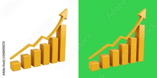 A 3D gold bar chart showing a steady upward growth business trend