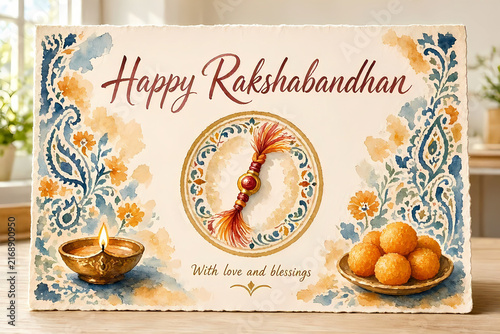 Happy Rakshabandhan poster template, Indian festival celebration, graphic design, festive decoration element, watercolor illustration 