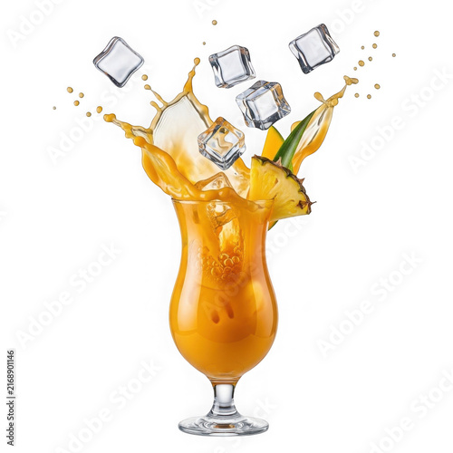 Tropical orange cocktail splash with ice cubes and pineapple slice in glass