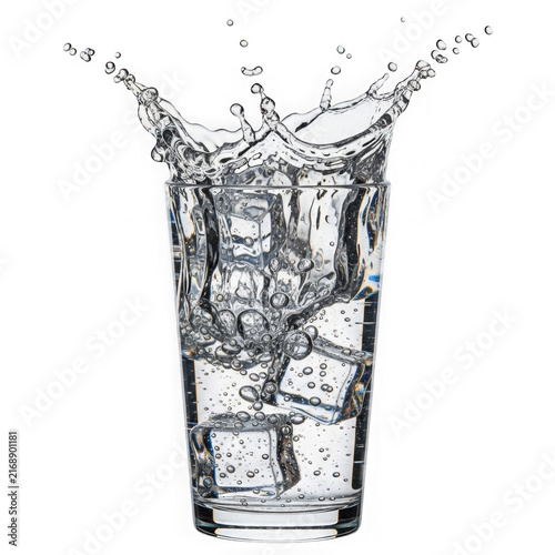 Glass of water with ice cubes and dynamic splash isolated on white background