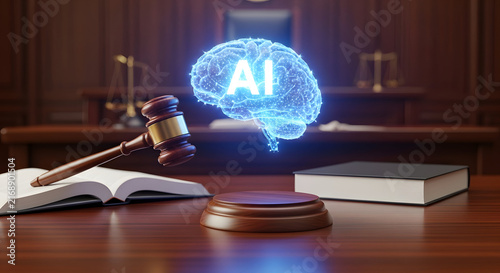 Glowing artificial intelligence brain hologram above a wooden judge gavel in a courtroom setting