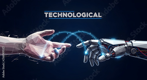 Technological connection between human hand and robotic hand touching with digital glowing energy sparks