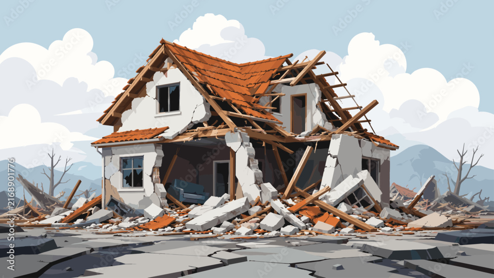 Fototapeta premium Devastated house with collapsed roof and scattered debris after natural disaster