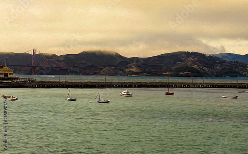 Golden Gate Bridge span viewed over San Francisco Bay waters from Aquatic Park near Fisherman's Wharf California