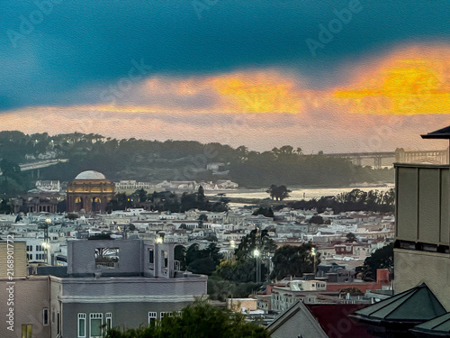 Golden Gate Bridge skyline with Palace of Fine Arts dome and San Francisco Bay at vibrant sunset California