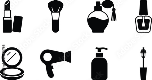 Collection of black silhouette cosmetic icons including makeup hair and skincare products