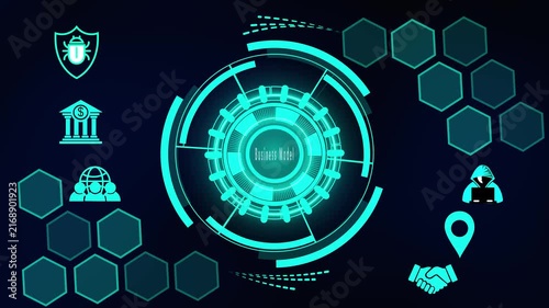 Digital Business Model Strategy Framework with Corporate Planning and Enterprise Growth Technology HUD Interface 4K futuristic animation background
