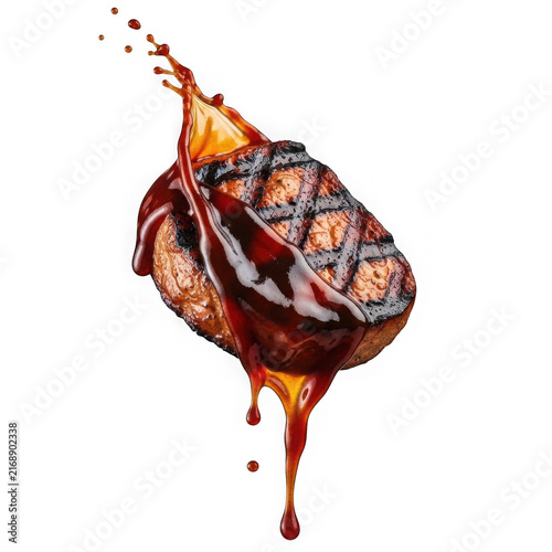 Grilled beef steak with barbecue sauce splash isolated on white background