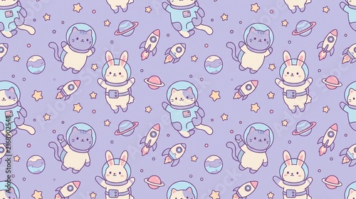 Fotografie Kawaii seamless pattern featuring cute cat and bunny astronauts floating with ti