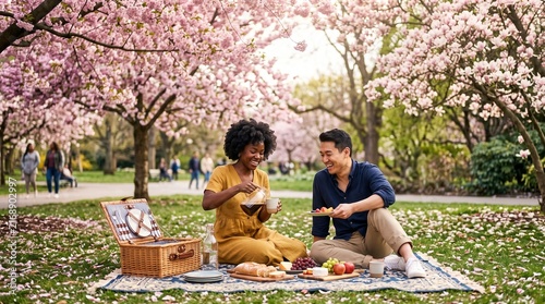 Couple enjoys a romantic picnic under blooming cherry blossom trees in a park during springtime