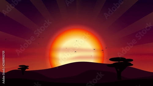 Beautiful African Savannah Sunset Silhouette Landscape