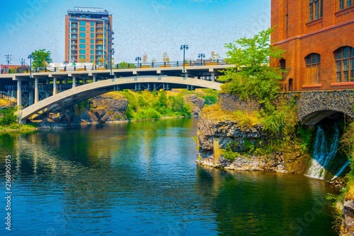 Post Street Bridge spanning Spokane River gorge with urban skyline in Spokane Washington