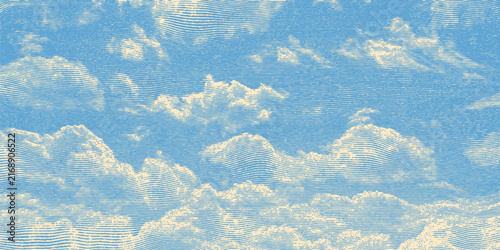 Vector retro engraving woodcut linear halftone sky illustration. Sky made in a blue and cream line art style.