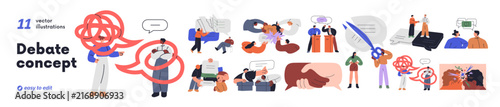 Debate and dispute set. Arguments and discussions. People arguing on opinions in politics, business, law. Communication conflict concept. Flat vector illustrations isolated on white background
