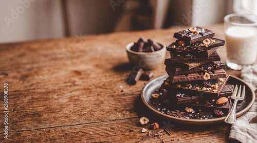 Chocolate stacked on a plate with nuts and milk nearby