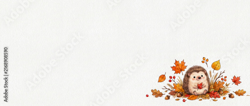 Hedgehog sits among autumn leaves and berries