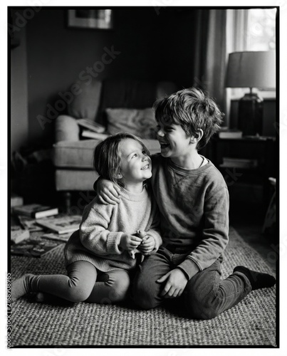 Brother and sister laughing together on living room floor. Happy childhood, sibling affection and family bonding at home. Black and white lifestyle portrait with emotional connection.