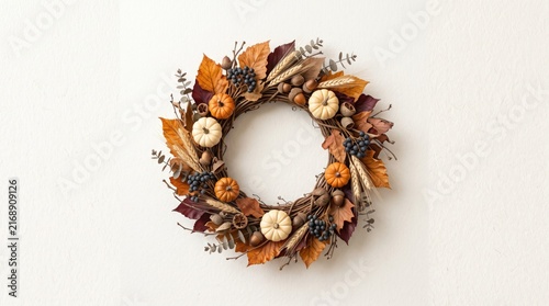Autumn harvest wreath isolated on white background, halloween concept, copy space