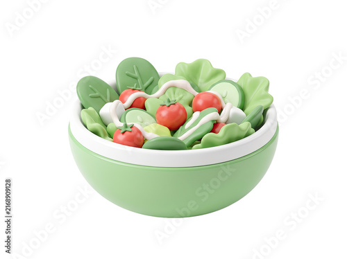 Fresh 3D salad in a bowl with tomatoes, cucumbers, and lettuce
