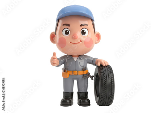 Cartoon mechanic character giving a thumbs up with a car tire