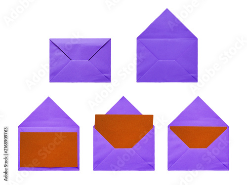 Bild auf Leinwand Set of vibrant purple paper envelopes with orange blank inserts for festive autu
