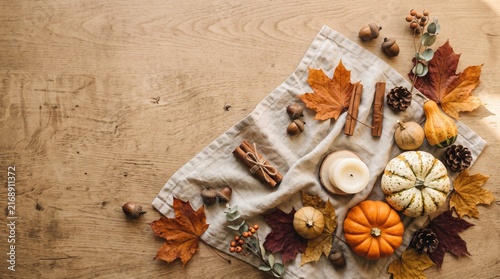 Autumn background with pumpkins and leaves, halloween concept, copy space
