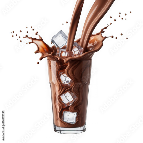 Chocolate milk splash in a glass with ice cubes isolated on white background