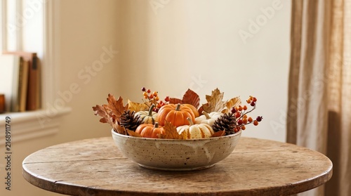 Autumn centerpiece with pumpkins, pinecones, and fall leaves in a ceramic bowl, halloween concept, copy space