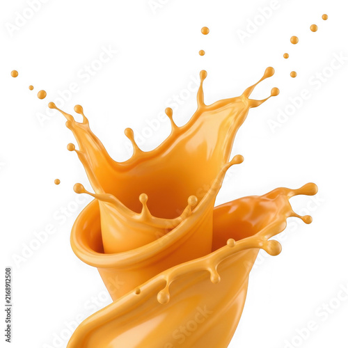 Orange liquid splash isolated on white background for food and beverage design