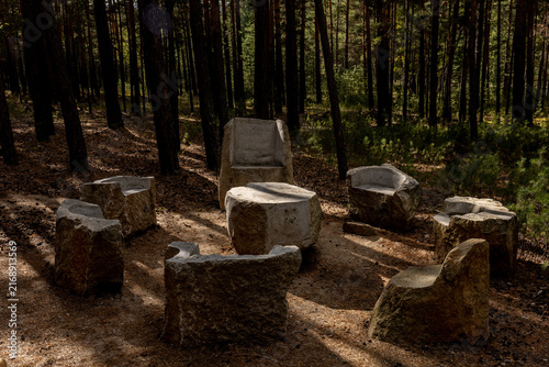 Rustic Stone Seating Area in a Pine ForestRustic stone chairs arranged in a circle in a peaceful pine forest, surrounded by tall trees, natural vegetation and warm sunlight. Atmospheric outdoor settin