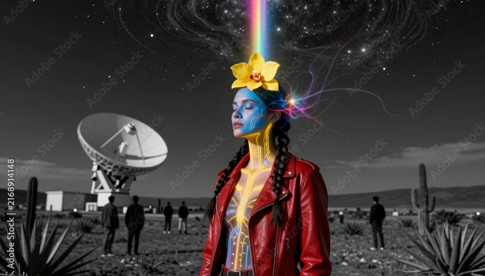 Fototapeta premium Futuristic Desert Figure with Neural Glow and Satellite Dish