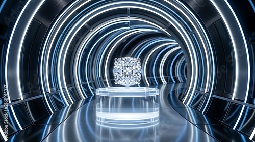 Cushion cut diamond resting on a glass pedestal in a lighted tunnel