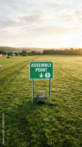 Assembly Point Sign In A Green Field During Sunrise