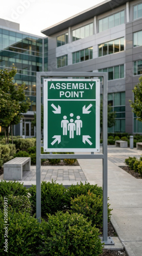 Assembly Point Sign In Front Of Modern Office Building