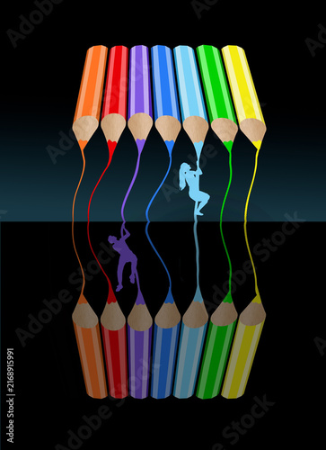 Playing with color is the theme as a couple people climb on the lines of color from colored pencils in a 3-d illustration about art.