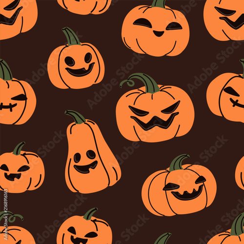 Halloween pumpkins, seamless pattern design. Autumn holiday background with o...