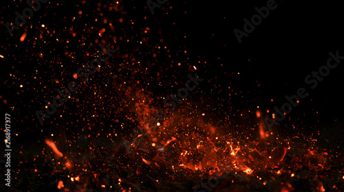 Glowing red embers and sparks against a dark background create a mesmerizing, fiery ambiance.