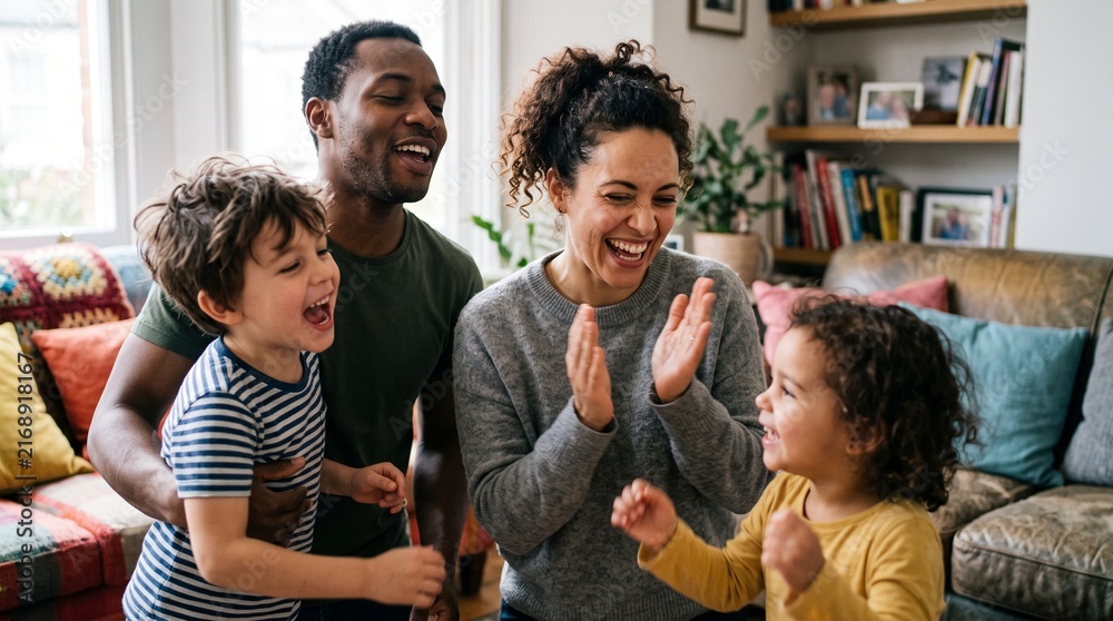 Obraz premium A joyful family, including parents and two young children, share a moment of laughter and excitement, creating a heartwarming scene of domestic bliss.