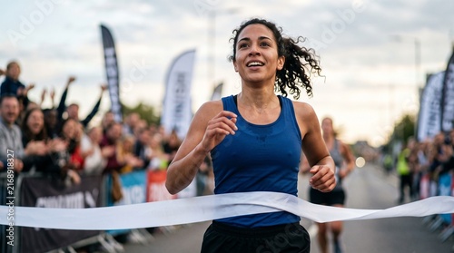 A determined female athlete crosses the finish line at a race, surrounded by cheering spectators and race banners, capturing the peak of athletic achievement.