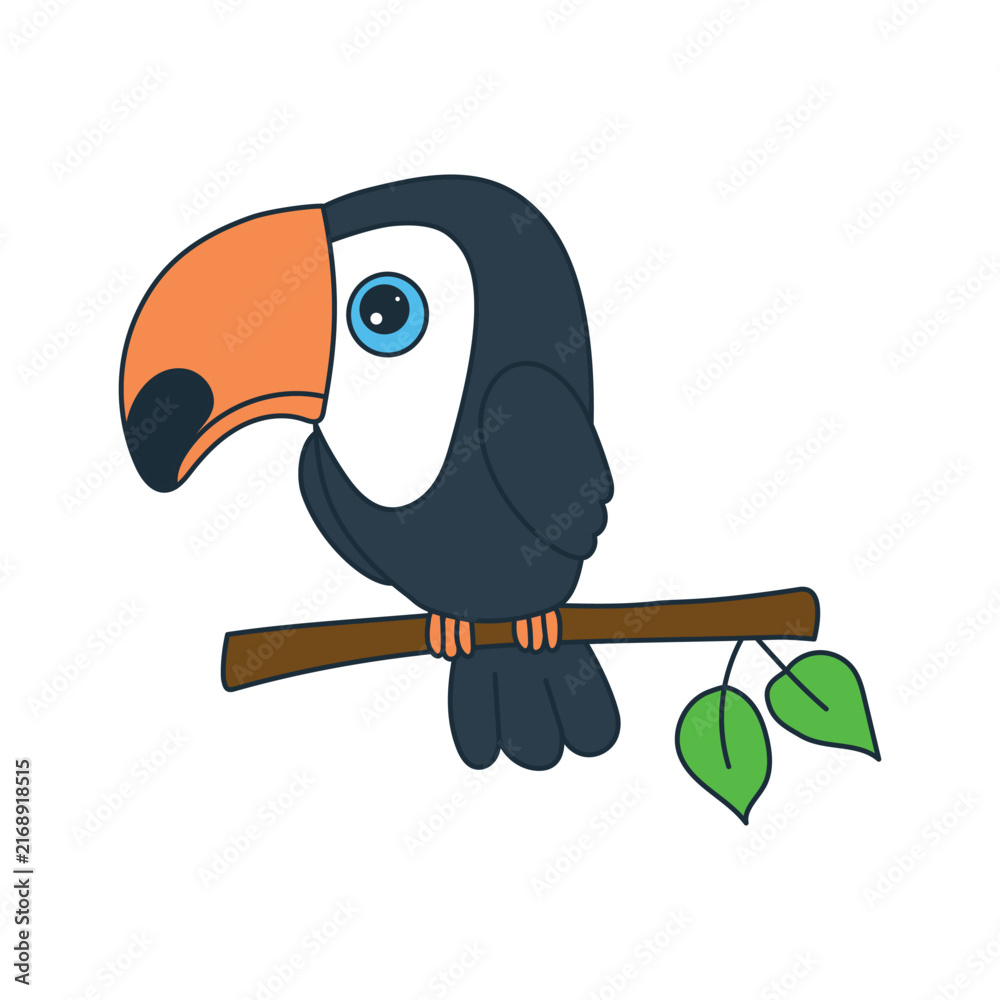 Naklejka premium Toucan Bird sits on Tree Branch. Bright Exotic Bird isolated on White Background. Hand drawn Vector illustration.