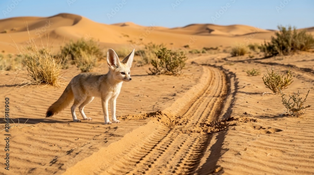 Naklejka premium Fennec Fox in Desert Dunes: A small Fennec fox stands on a sandy desert track, its large ears perked, surrounded by rolling sand dunes and sparse desert vegetation under a clear blue sky.