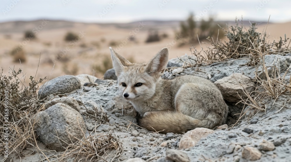 Naklejka premium Fennec Fox in Arid Landscape: A small fennec fox with distinctive large ears rests camouflaged among rocks and sparse desert vegetation, showcasing its adaptation to a harsh, dry environment.
