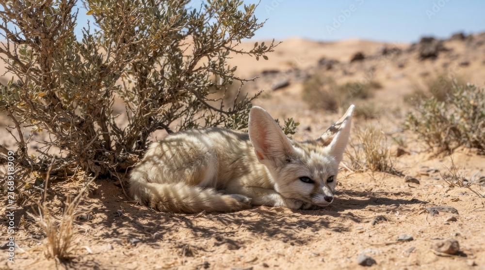 Naklejka premium Fennec Fox in the Desert: A fennec fox with large ears rests in the shade of a desert shrub, its sandy coat blending with the arid landscape under the bright sun.