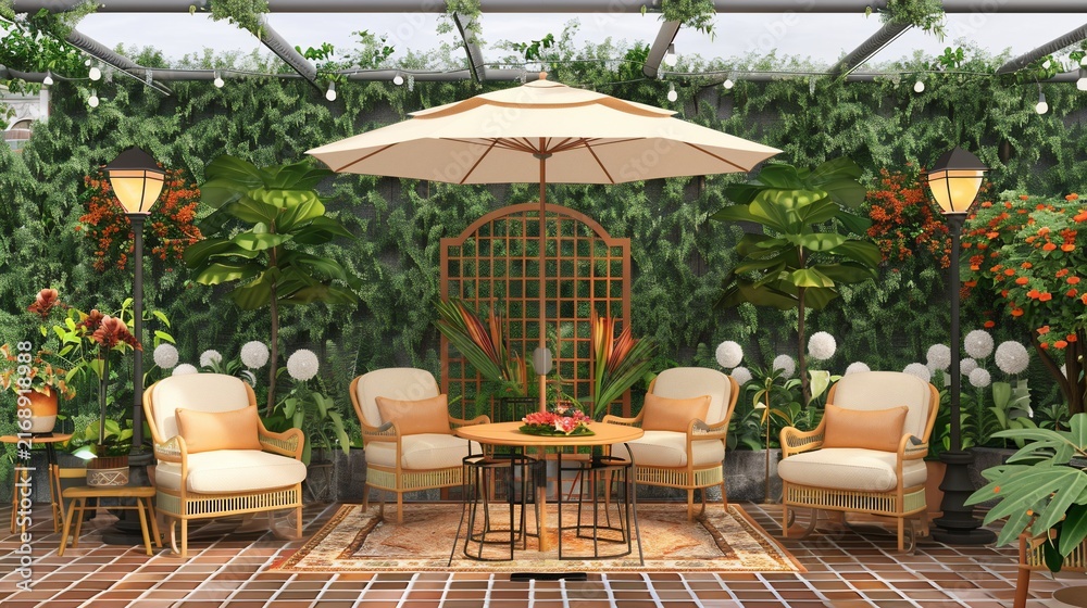 Fototapeta premium Lush outdoor patio with seating, plants, overhead lights, and a table, creating a serene space