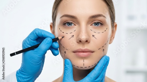 Surgeon drawing marking lines on a woman's face for plastic surgery procedure