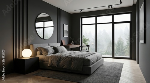 Modern gray bedroom corner featuring a stylish round mirror and minimalist decor.
