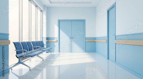 An empty hospital corridor with blue chairs and bright sunlight.