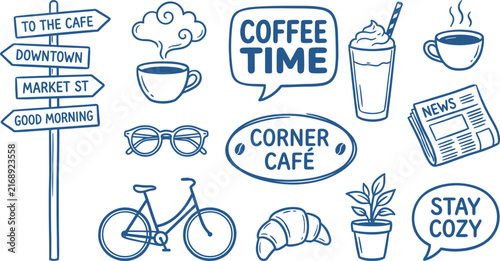 Hand Drawn Coffee Shop Cafe Icon Illustration Lettering Set